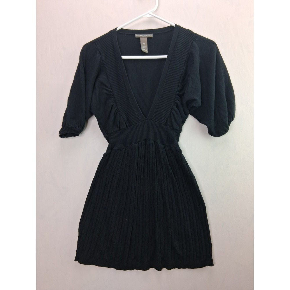 Hillard & Hanson Sweater Dress Women Extra Small Black Plunge Neck Cotton Ribbed
